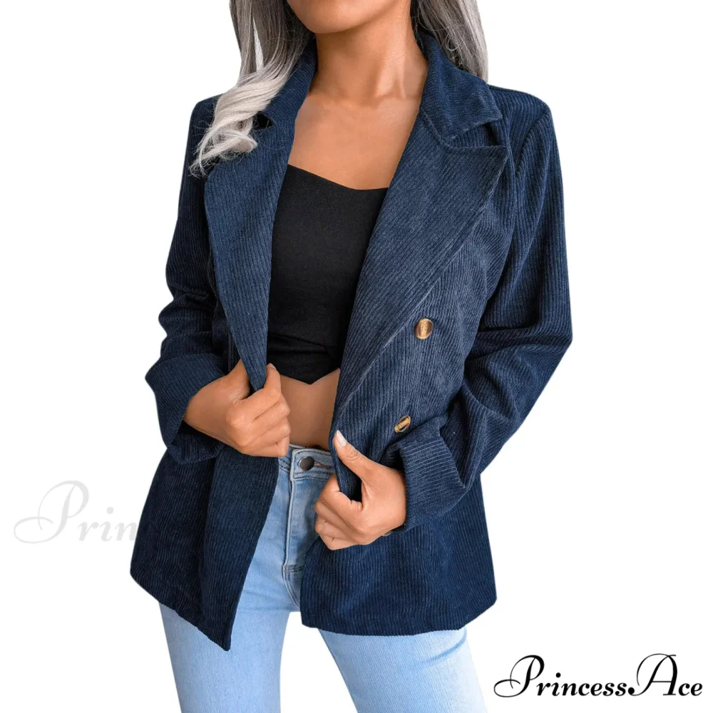 Plus Size Double Breasted Corduroy Long Sleeve Work Office Boyfriend Blazer Chic Stylish Elegant Fashionable Versatile Jacket - Image 9