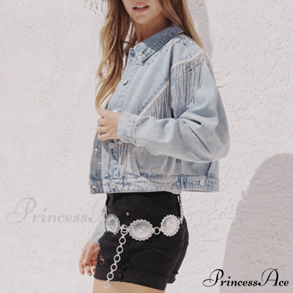 Denim Turndown Collar Splice Rhinestone Tassel Long Sleeve Loose Button Woman Clothing Warm Chic Stylish Elegant Fashionable Versatile Jacket - Image 2