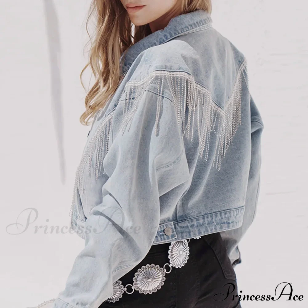 Denim Turndown Collar Splice Rhinestone Tassel Long Sleeve Loose Button Woman Clothing Warm Chic Stylish Elegant Fashionable Versatile Jacket - Image 3
