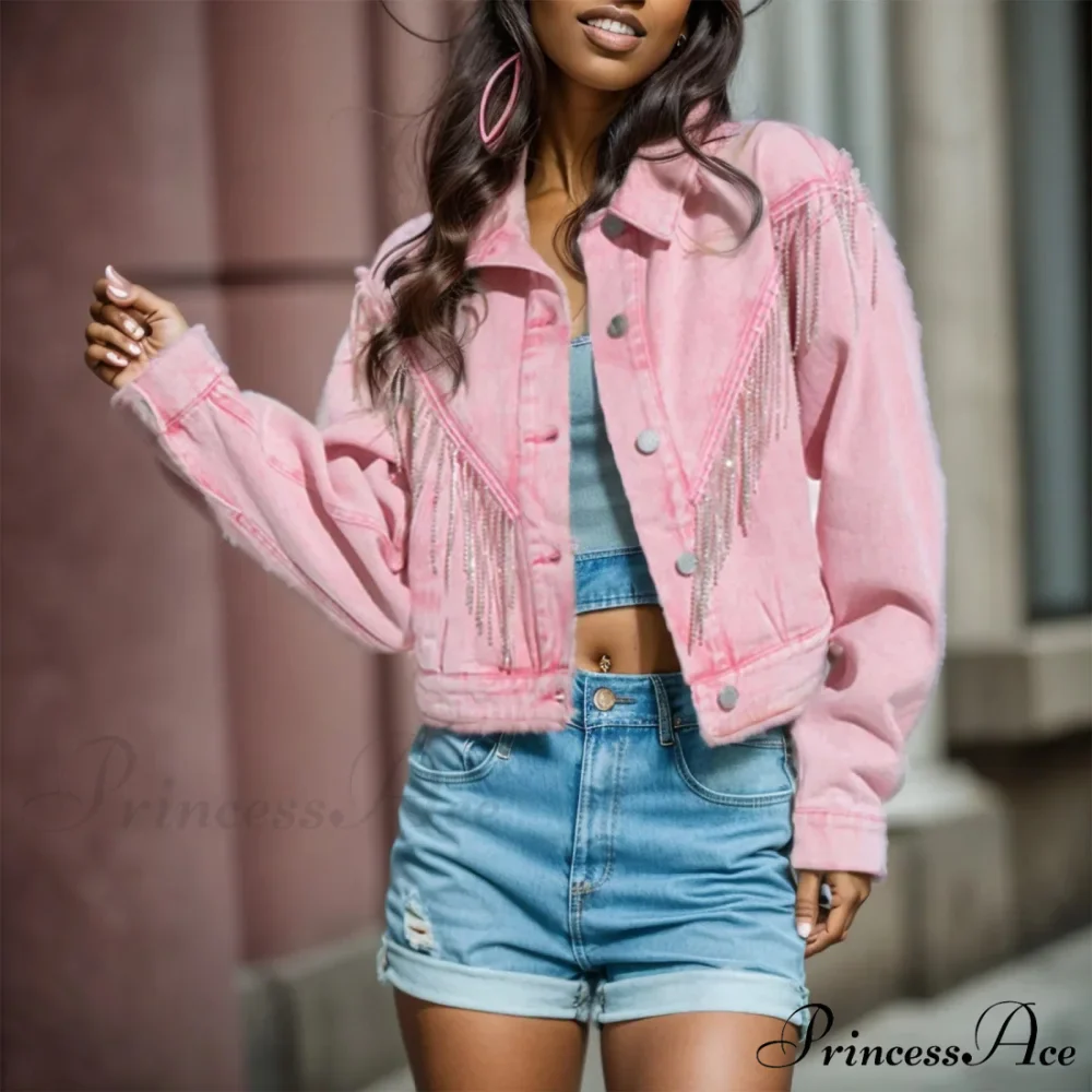 Denim Turndown Collar Splice Rhinestone Tassel Long Sleeve Loose Button Woman Clothing Warm Chic Stylish Elegant Fashionable Versatile Jacket - Image 5
