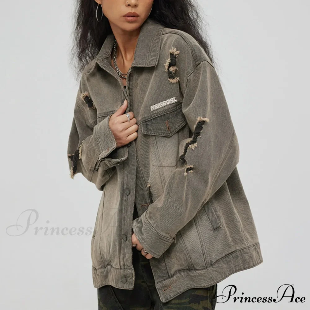 Distressed Denim With Collar Vintage Large Pockets Chic Stylish Elegant Fashionable Versatile Oversized Street Winter Jacket - Image 2