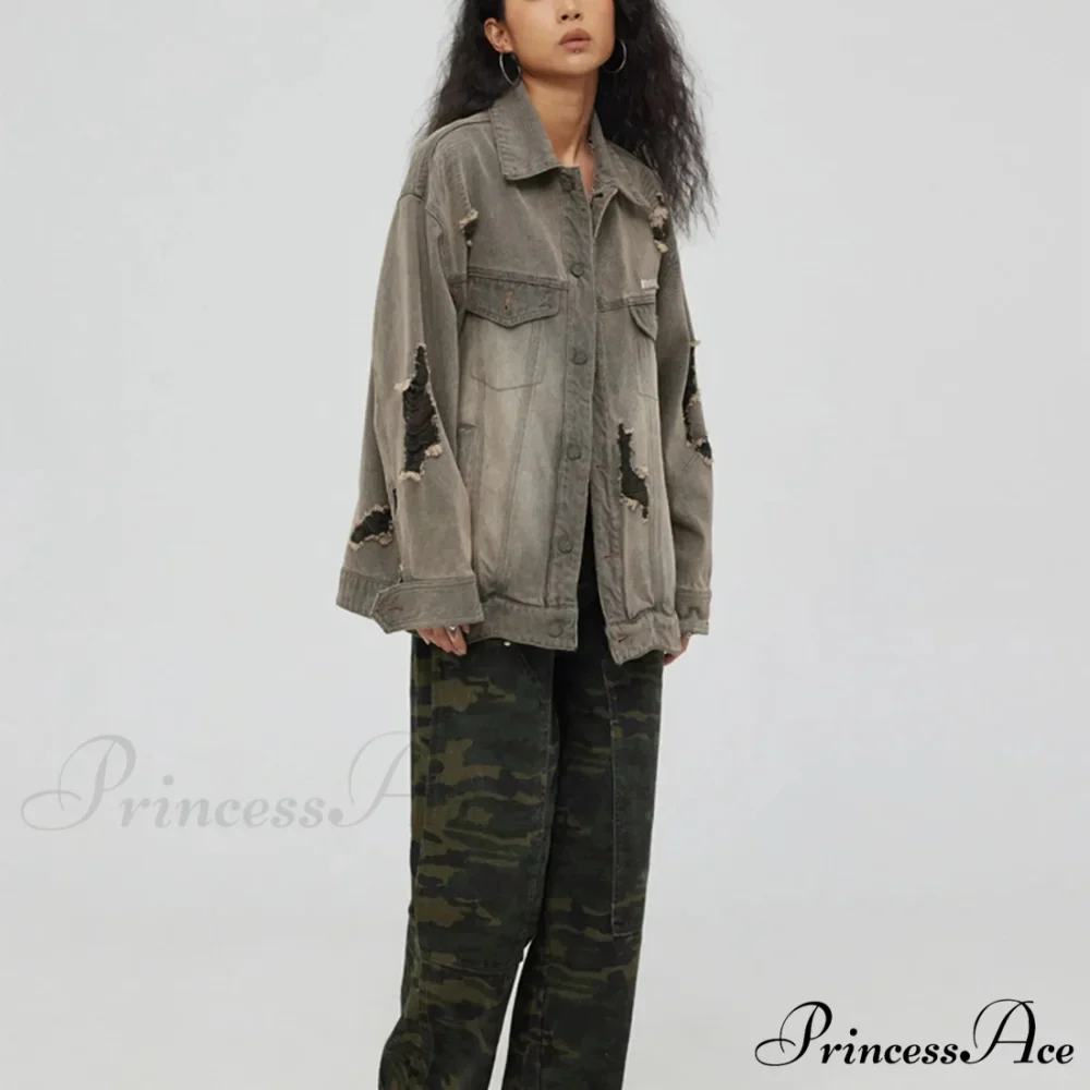 Distressed Denim With Collar Vintage Large Pockets Chic Stylish Elegant Fashionable Versatile Oversized Street Winter Jacket - Image 4
