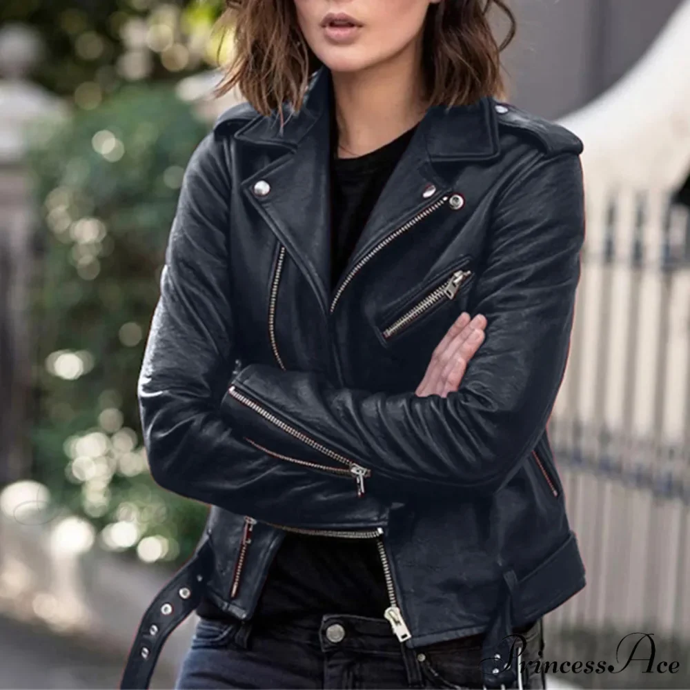 Plus Size Faux Leather Long Sleeve Zipper Fitted Artificial Leather Fall Short Chic Stylish Elegant Fashionable Winter Jacket - Image 2