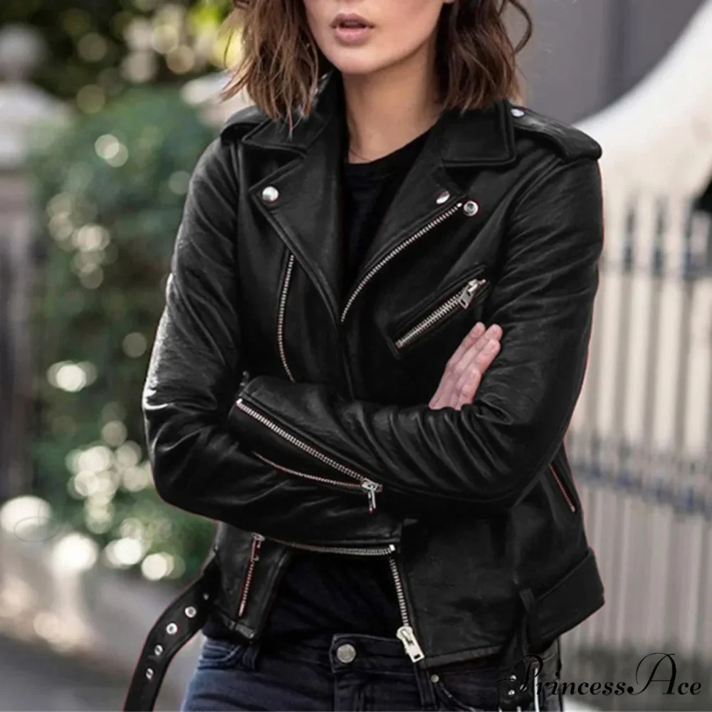 Plus Size Faux Leather Long Sleeve Zipper Fitted Artificial Leather Fall Short Chic Stylish Elegant Fashionable Winter Jacket - Image 3