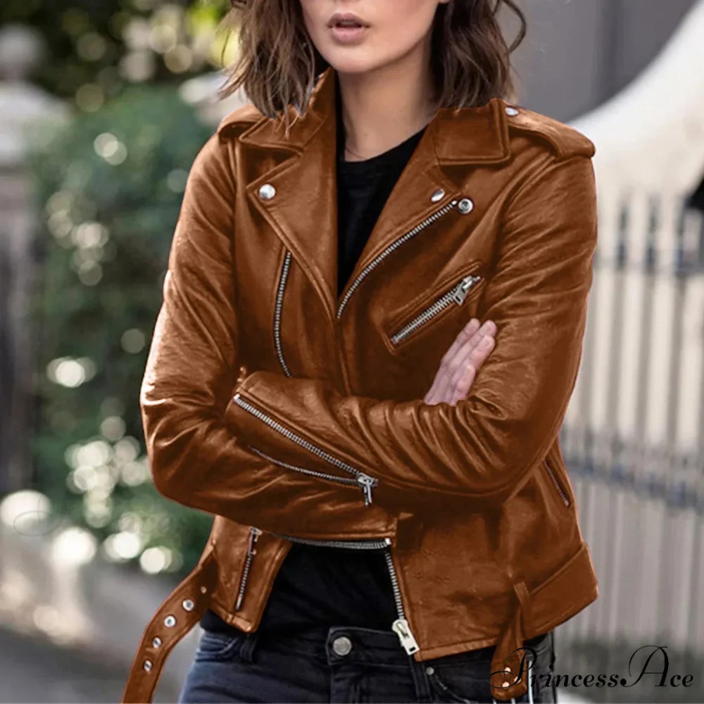 Plus Size Faux Leather Long Sleeve Zipper Fitted Artificial Leather Fall Short Chic Stylish Elegant Fashionable Winter Jacket - Image 4