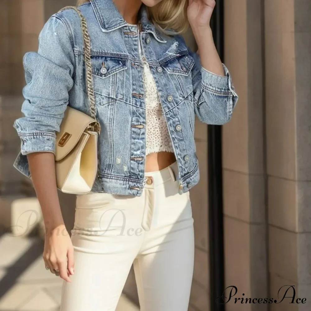 Plus Size Distressed Light Wash Denim Wi Ripped Holes Short Chic Stylish Fashionable Versatile Winter Jacket - Image 2