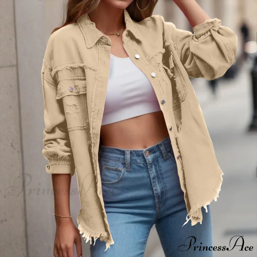 Ripped Style Oversized Denim Lapel Long Sleeves Pockets Chic Stylish Elegant Fashionable Versatile Winter Top Jacket - Image 2