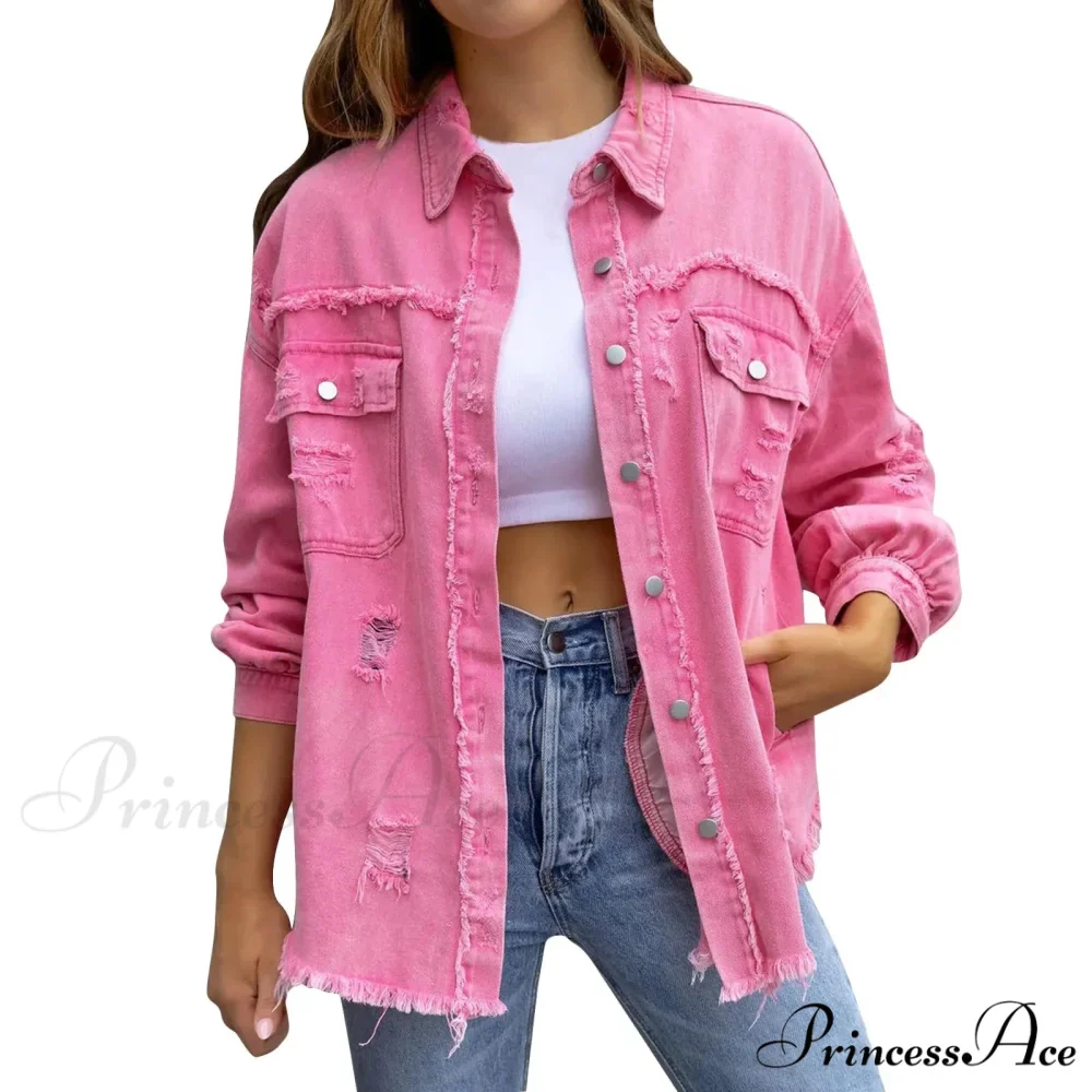 Ripped Oversized Denim Wi Pocket Solid Lapel Button Chic Stylish Elegant Fashionable Versatile Winter Outer Jacket - Image 10