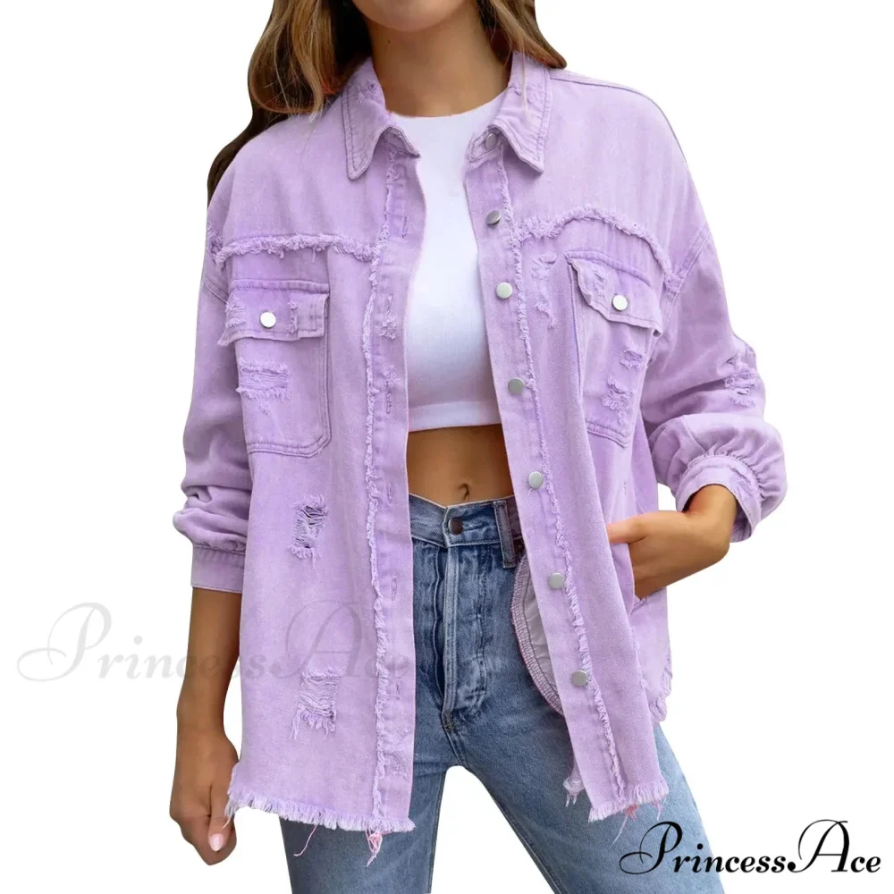 Ripped Oversized Denim Wi Pocket Solid Lapel Button Chic Stylish Elegant Fashionable Versatile Winter Outer Jacket - Image 11