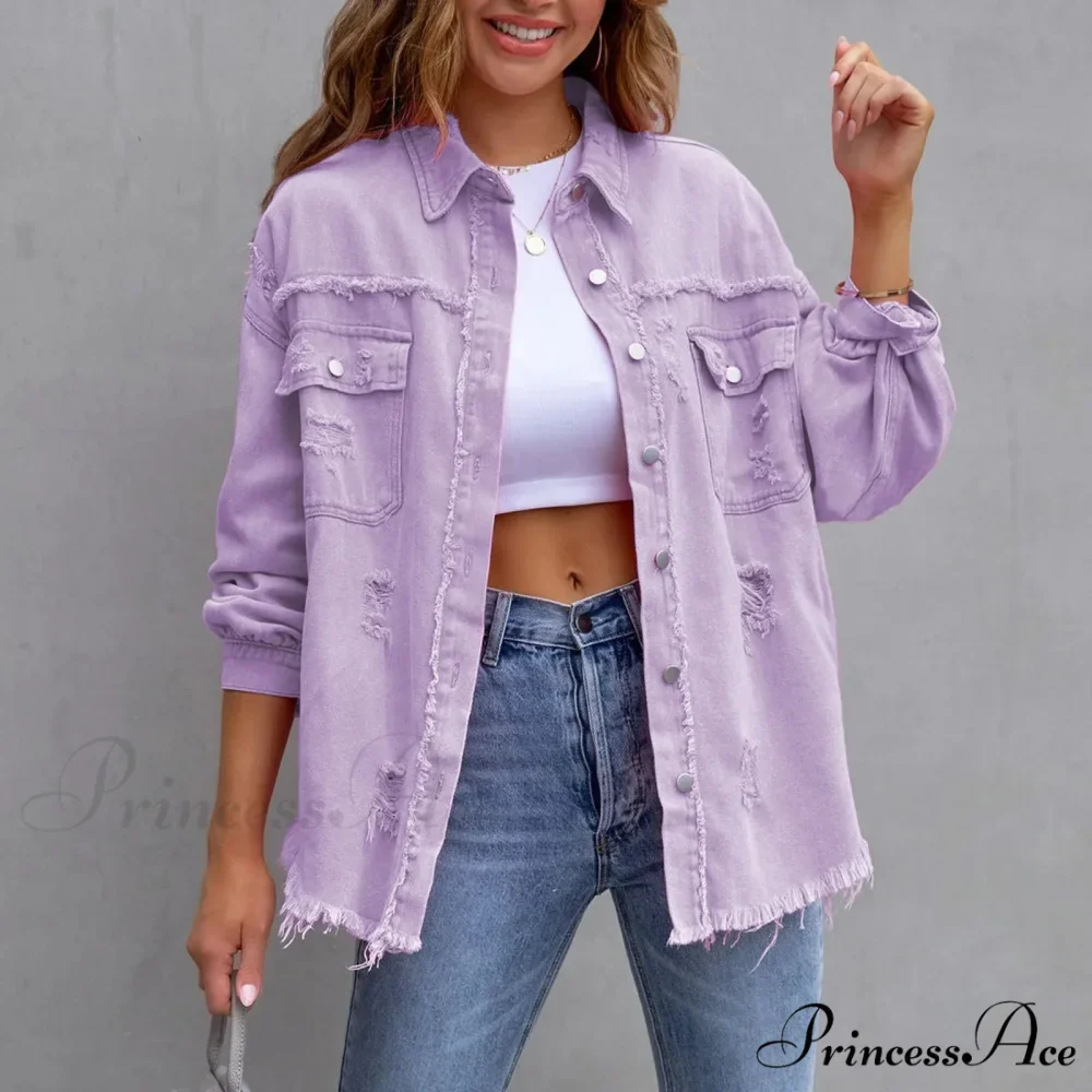 Ripped Oversized Denim Wi Pocket Solid Lapel Button Chic Stylish Elegant Fashionable Versatile Winter Outer Jacket - Image 2