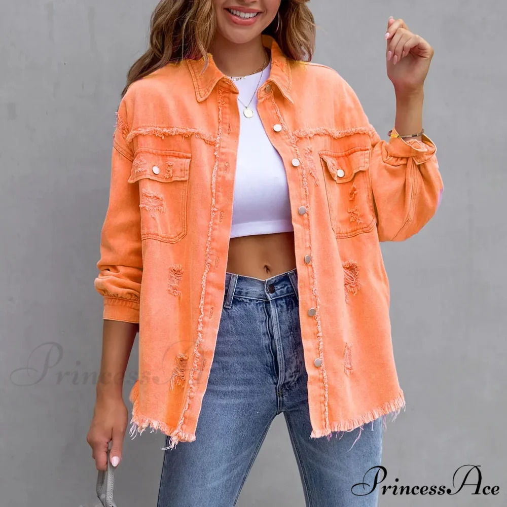 Ripped Oversized Denim Wi Pocket Solid Lapel Button Chic Stylish Elegant Fashionable Versatile Winter Outer Jacket - Image 3