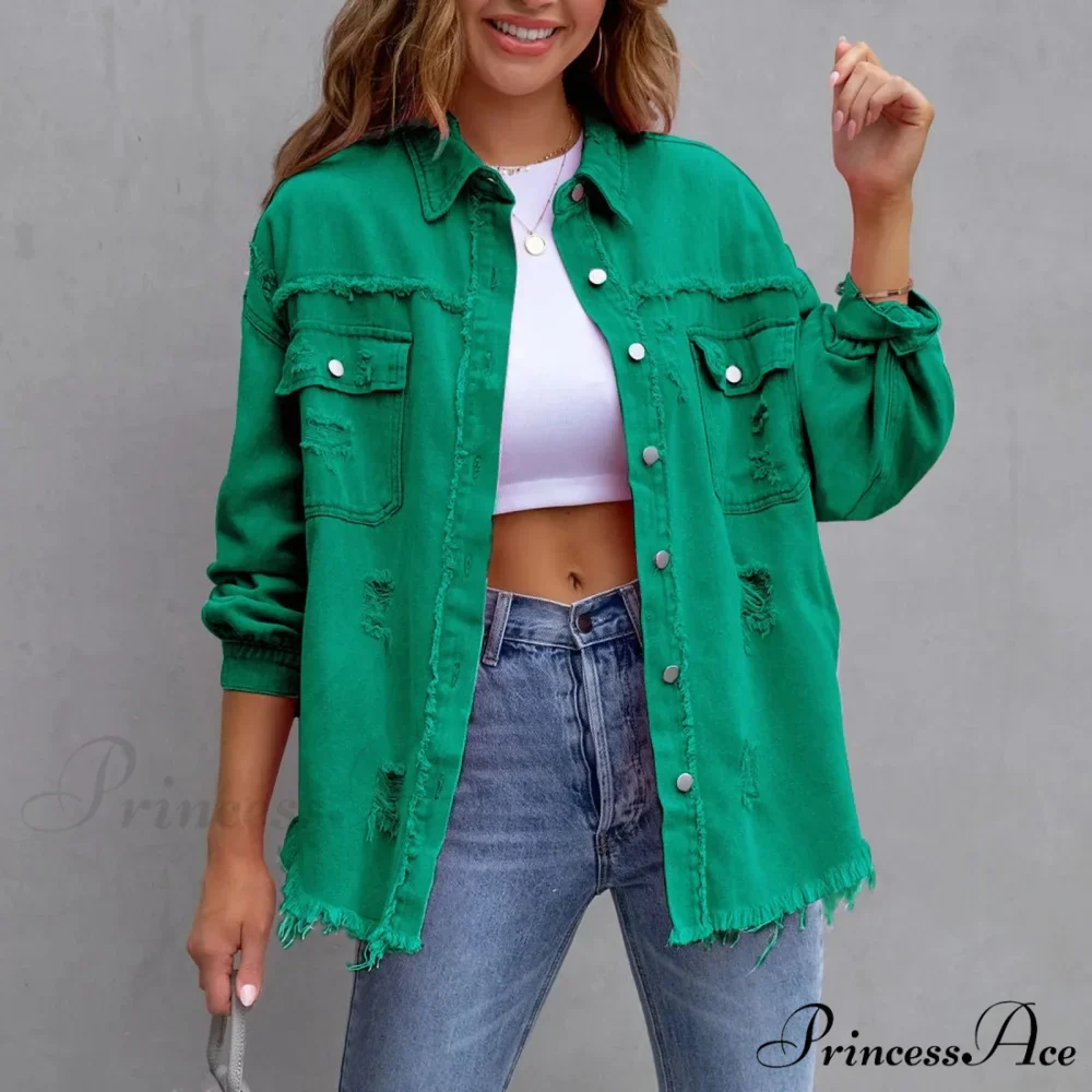 Ripped Oversized Denim Wi Pocket Solid Lapel Button Chic Stylish Elegant Fashionable Versatile Winter Outer Jacket - Image 4