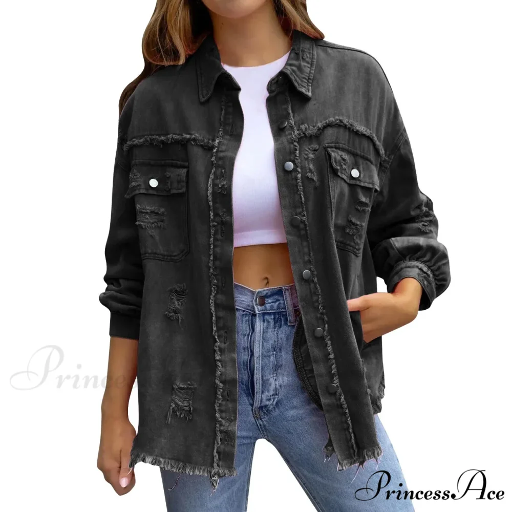 Ripped Oversized Denim Wi Pocket Solid Lapel Button Chic Stylish Elegant Fashionable Versatile Winter Outer Jacket - Image 5