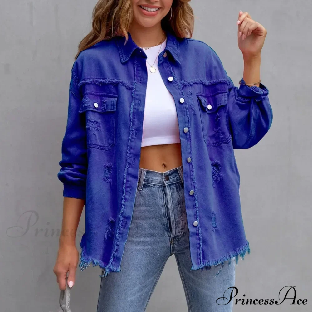 Ripped Oversized Denim Wi Pocket Solid Lapel Button Chic Stylish Elegant Fashionable Versatile Winter Outer Jacket - Image 6