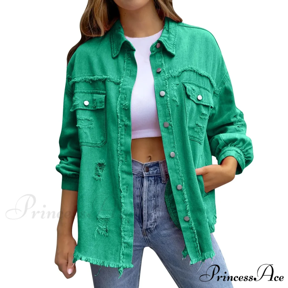 Ripped Oversized Denim Wi Pocket Solid Lapel Button Chic Stylish Elegant Fashionable Versatile Winter Outer Jacket - Image 7