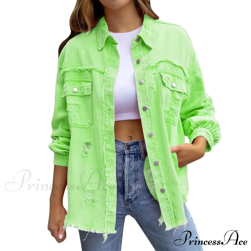 Ripped Oversized Denim Wi Pocket Solid Lapel Button Chic Stylish Elegant Fashionable Versatile Winter Outer Jacket - Image 8