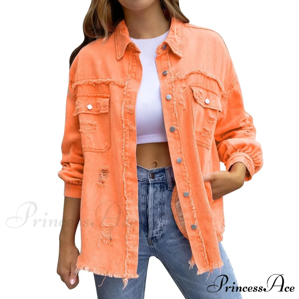 Ripped Oversized Denim Wi Pocket Solid Lapel Button Chic Stylish Elegant Fashionable Versatile Winter Outer Jacket - Image 9