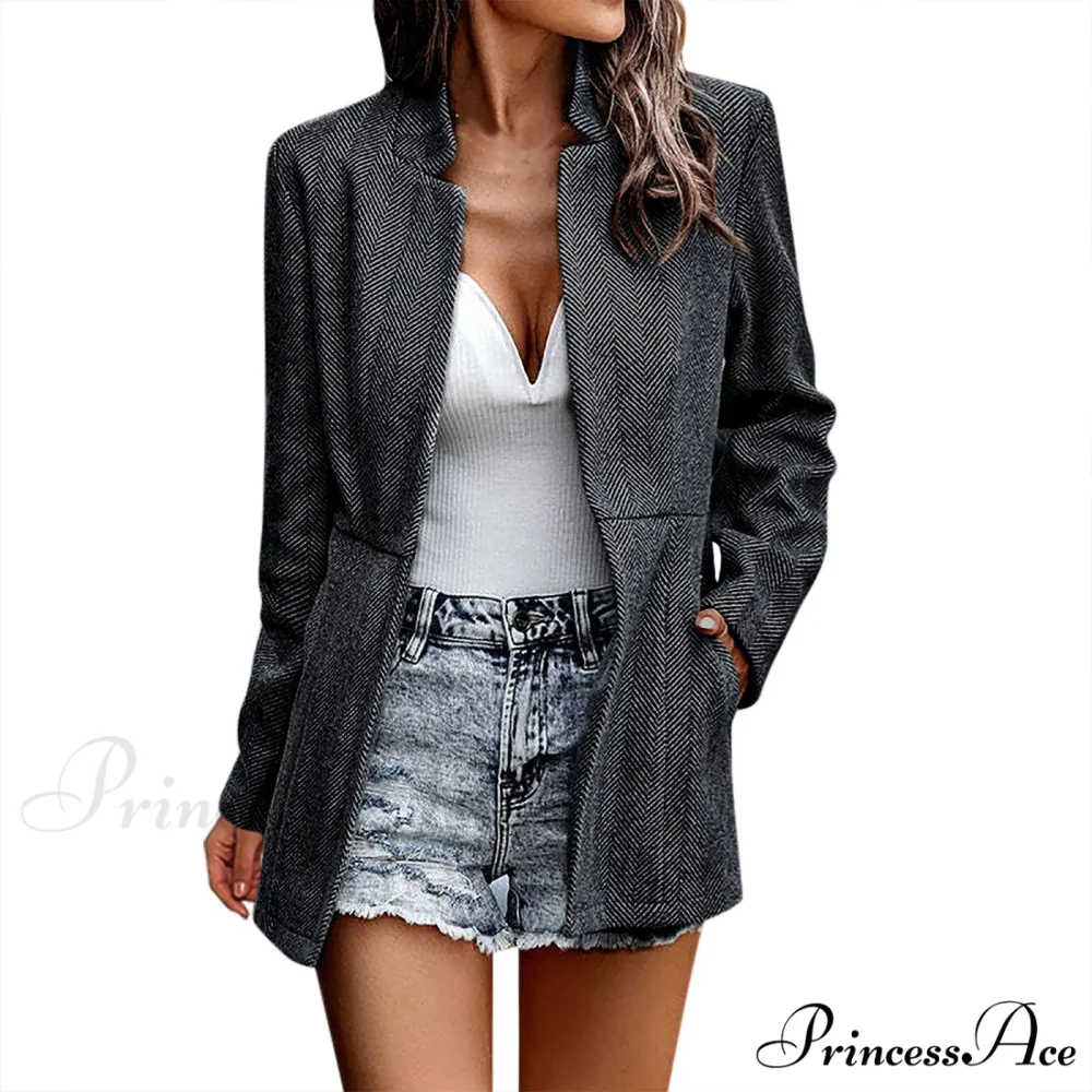 Autumn Winter Open Front Blazer Long Sleeve Stand Collar Trench Business Work Office Outwear Chic Stylish Elegant Fashionable Woman Jacket - Image 2