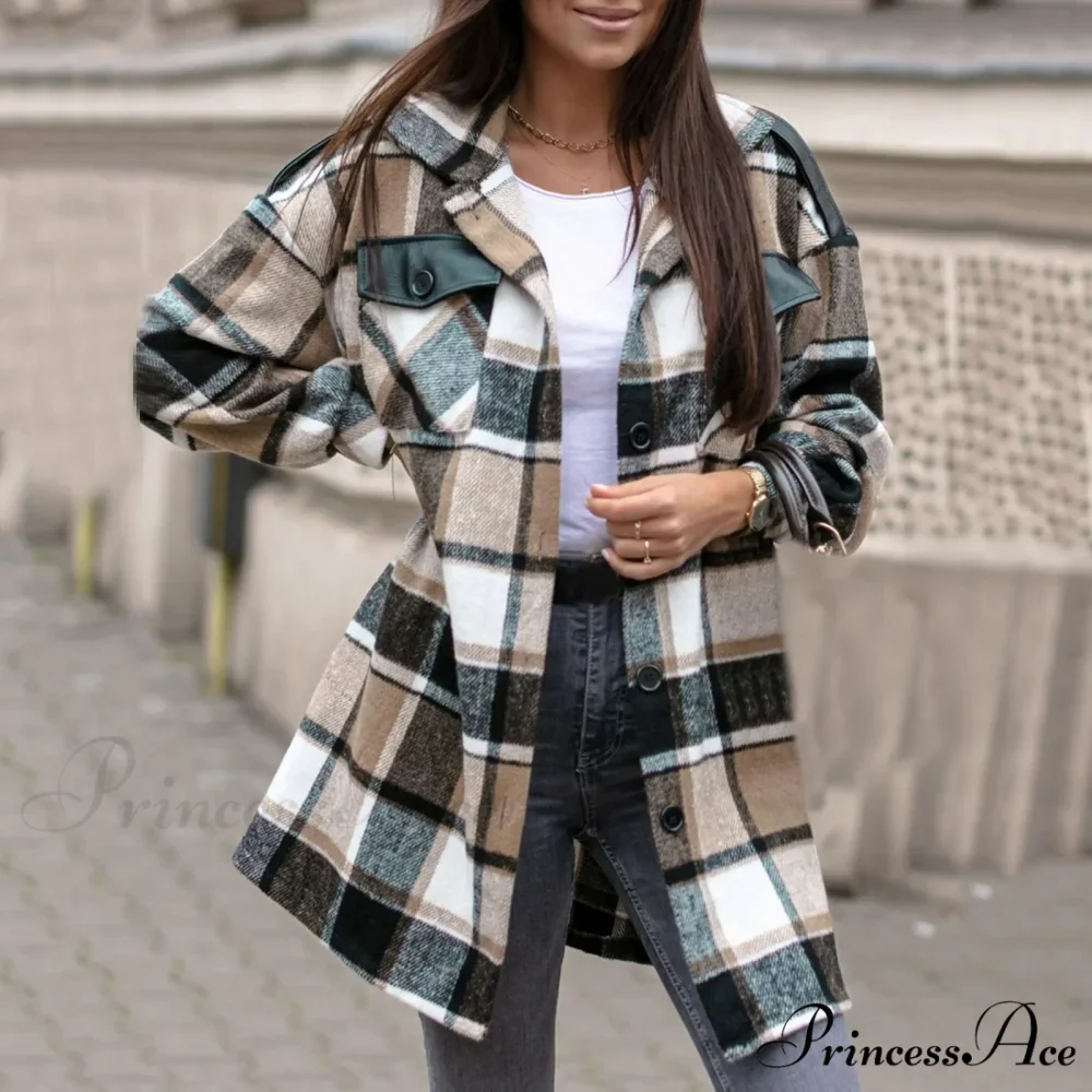 Size Color Block Plaid Chic Stylish Elegant Fashionable Versatile Button Down Long Sleeve Pockets Winter Jacket - Image 2
