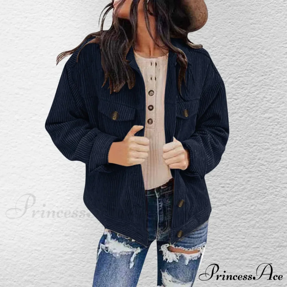 Plus Size Solid Button Chic Stylish Elegant Fashionable Versatile Lapel Pocket Corduroy Winter Jacket - Image 3