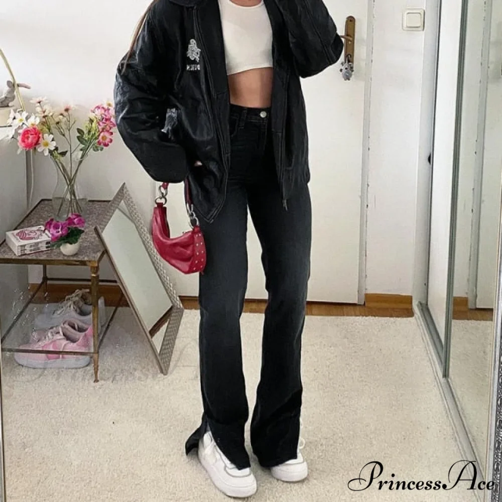 Fashion Waist Vintage Straight Split Denim Pants - Image 2