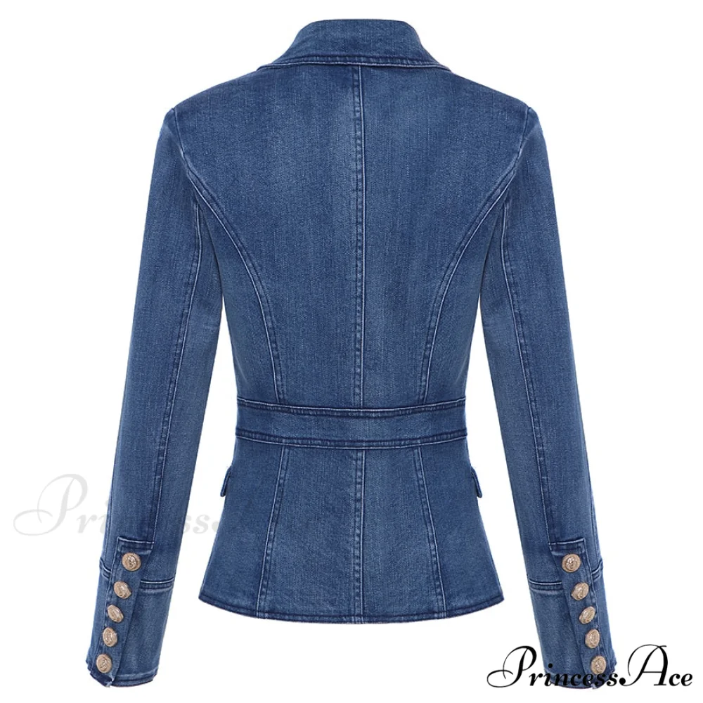 Metal Lion Buttons Double Breasted Denim Blazer - Image 2