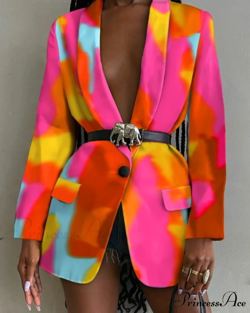 Shawl Lapel Long Sleeve Abstract Blazer - Image 4