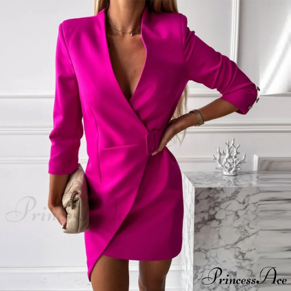 Elegant V-Neck Side Belt Office Lady Suit Dress - Image 4