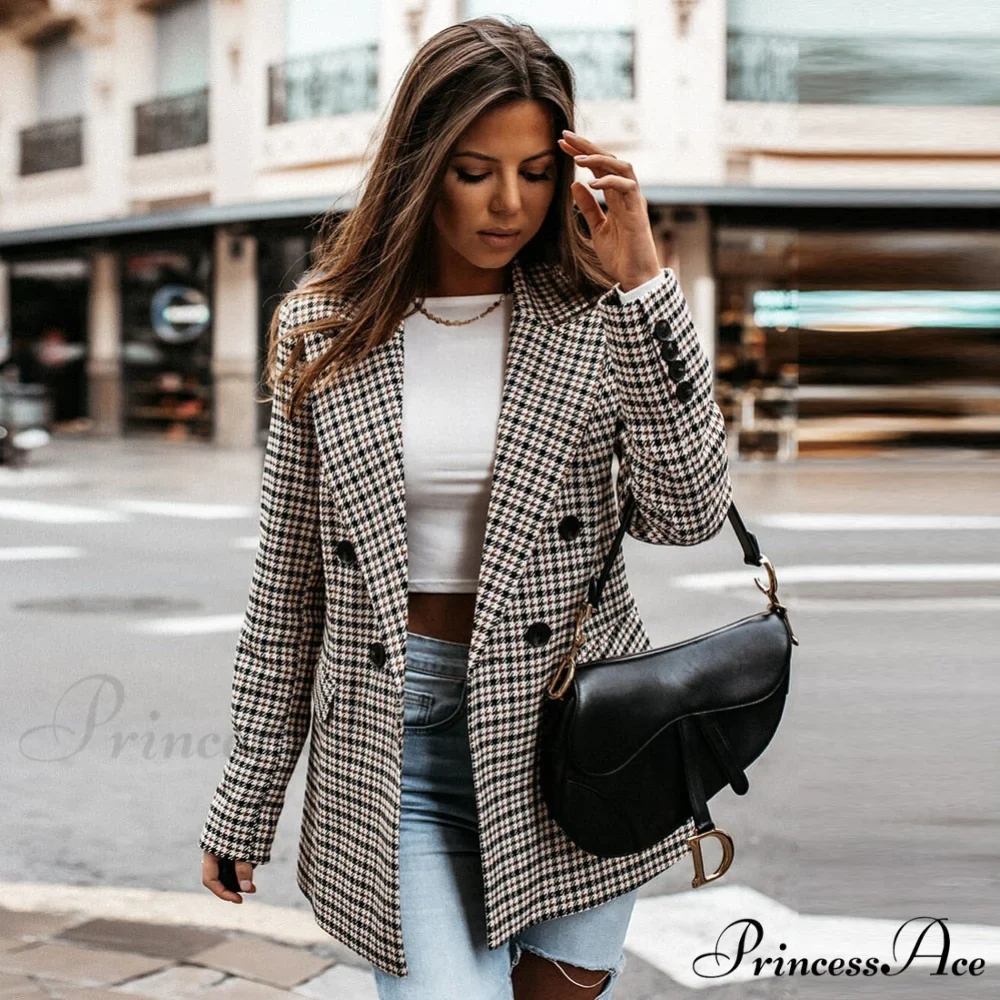 Ladies Notched Collar Plaid Blazer - Image 4