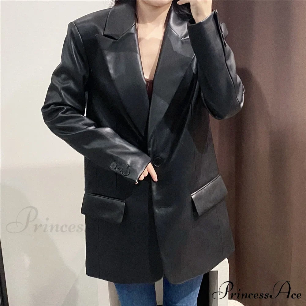 Long PU Faux Leather Blazers - Image 3