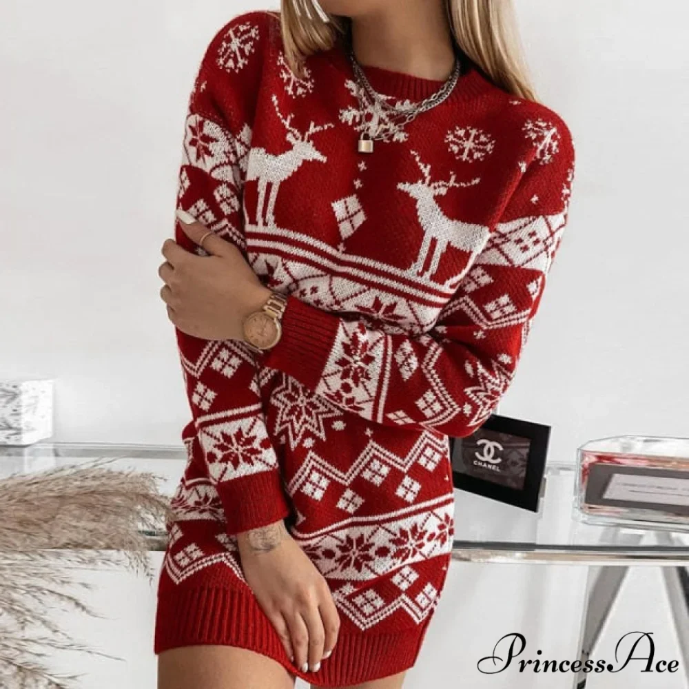 Casual O-Neck Long Sleeve Christmas Sweater Dress - Image 3