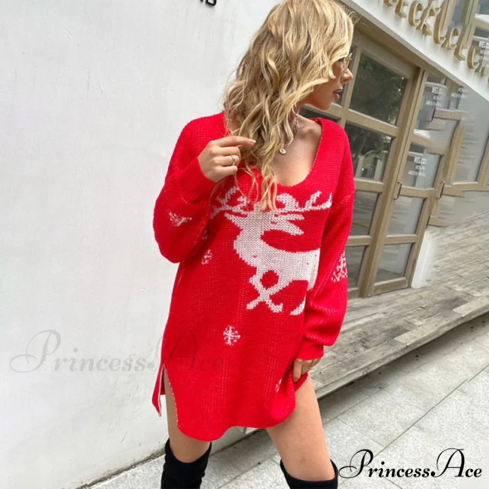 Casual O-Neck Long Sleeve Christmas Sweater Dress - Image 6