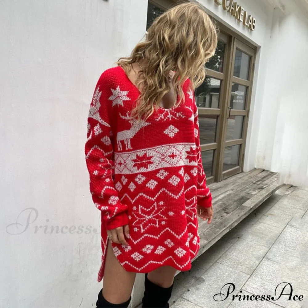 Casual O-Neck Long Sleeve Christmas Sweater Dress - Image 8