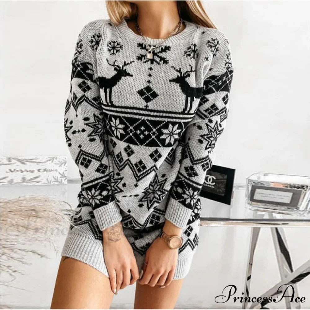 Casual O-Neck Long Sleeve Christmas Sweater Dress - Image 9