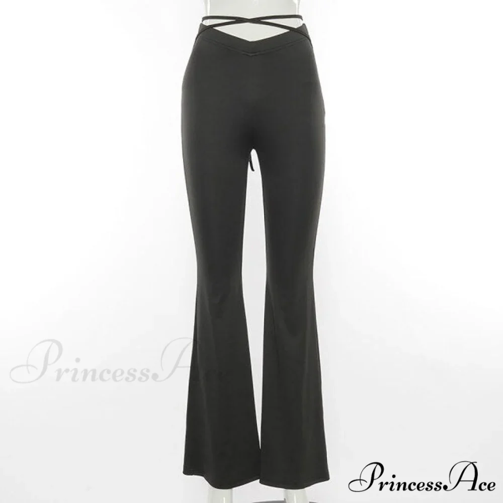 Lace Up V Waist Low Rise Flare Pants - Image 2