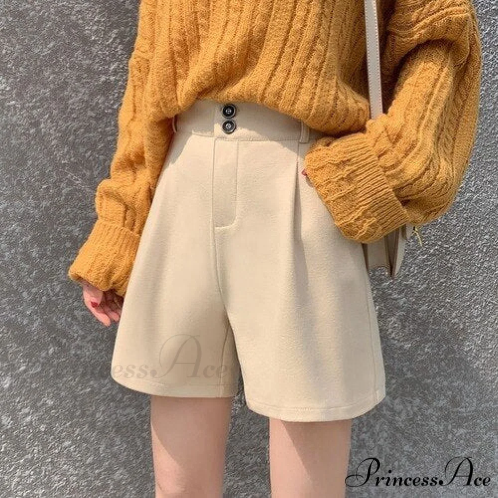 Fashion Solid Wide Leg Woolen Shorts - Image 3