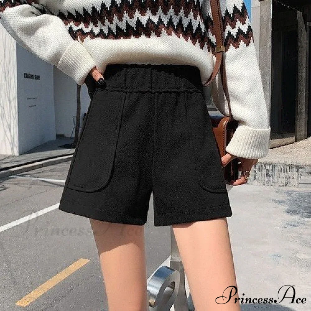 Fashion Solid Wide Leg Woolen Shorts - Image 5