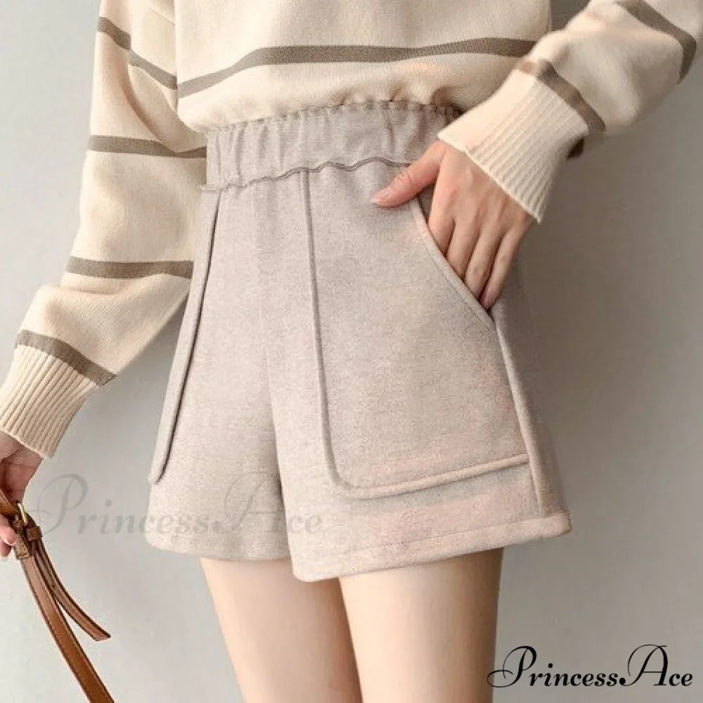 Fashion Solid Wide Leg Woolen Shorts - Image 7