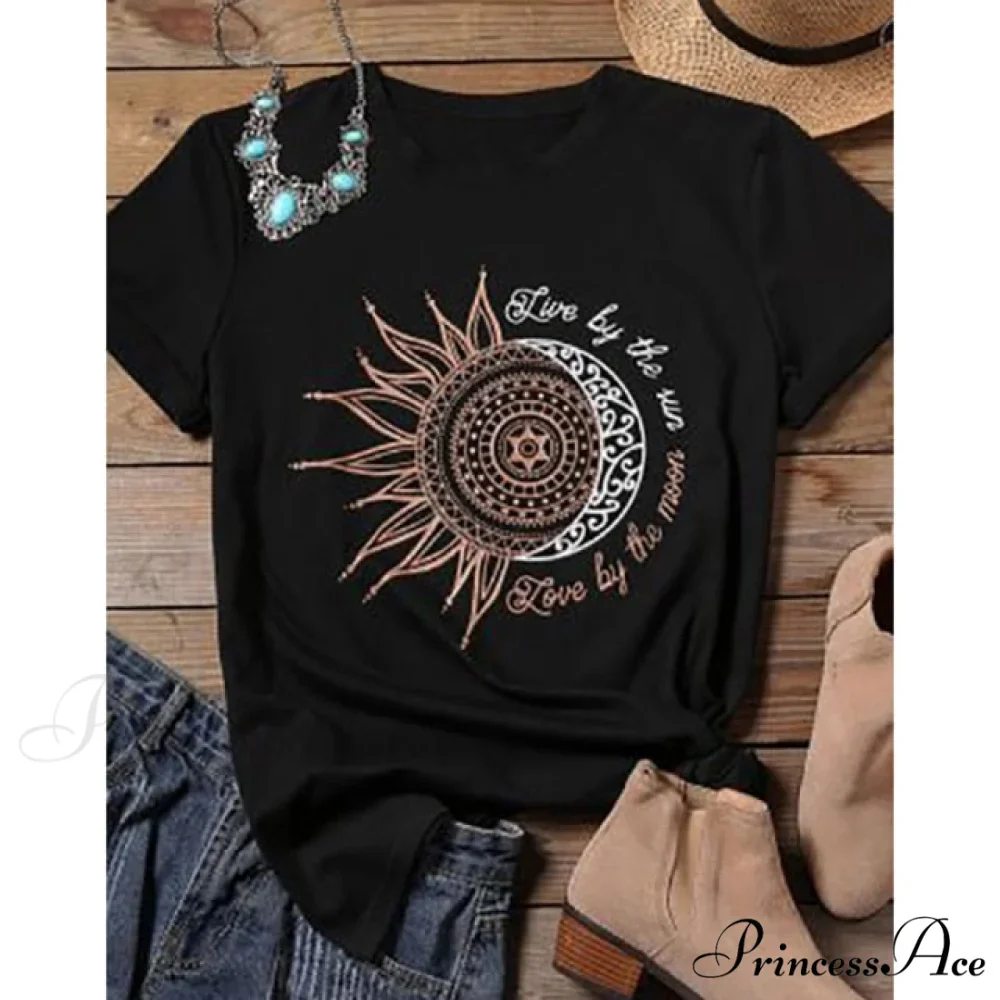 Casual Fashion Letter Sun Moon Print T-shirt - Image 4
