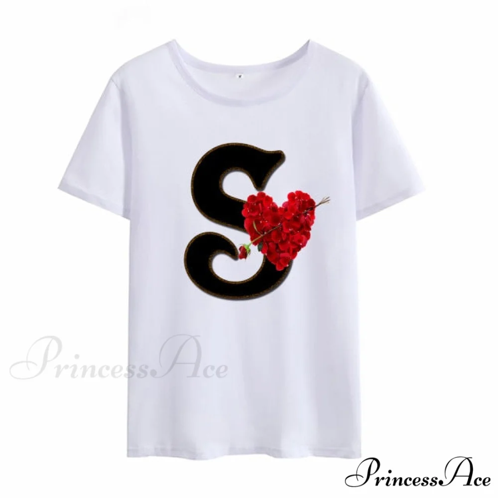 Flower Letter Font Short Sleeve Ladies T-Shirt - Image 18