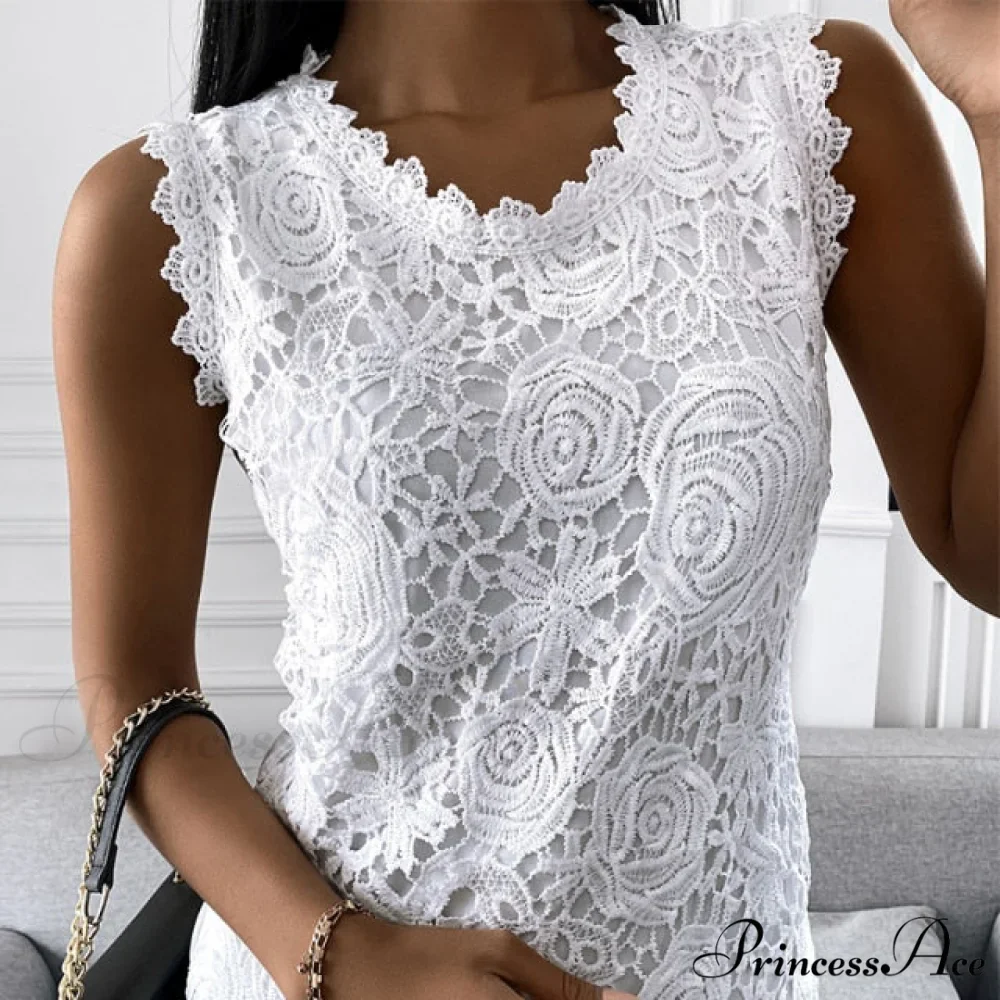 Lace Jacquard Sleeveless Casual vintage T-Shirt - Image 2