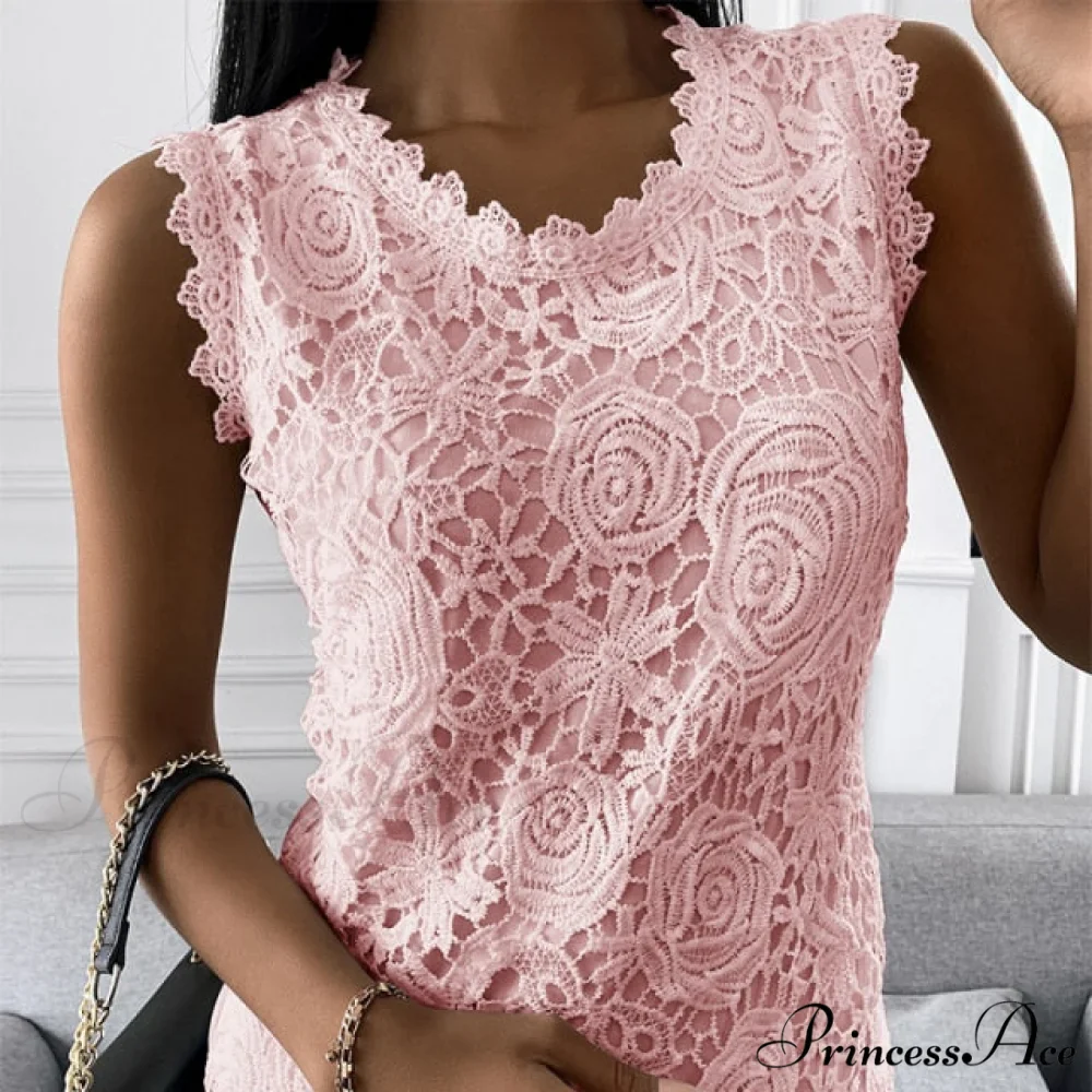 Lace Jacquard Sleeveless Casual vintage T-Shirt - Image 3