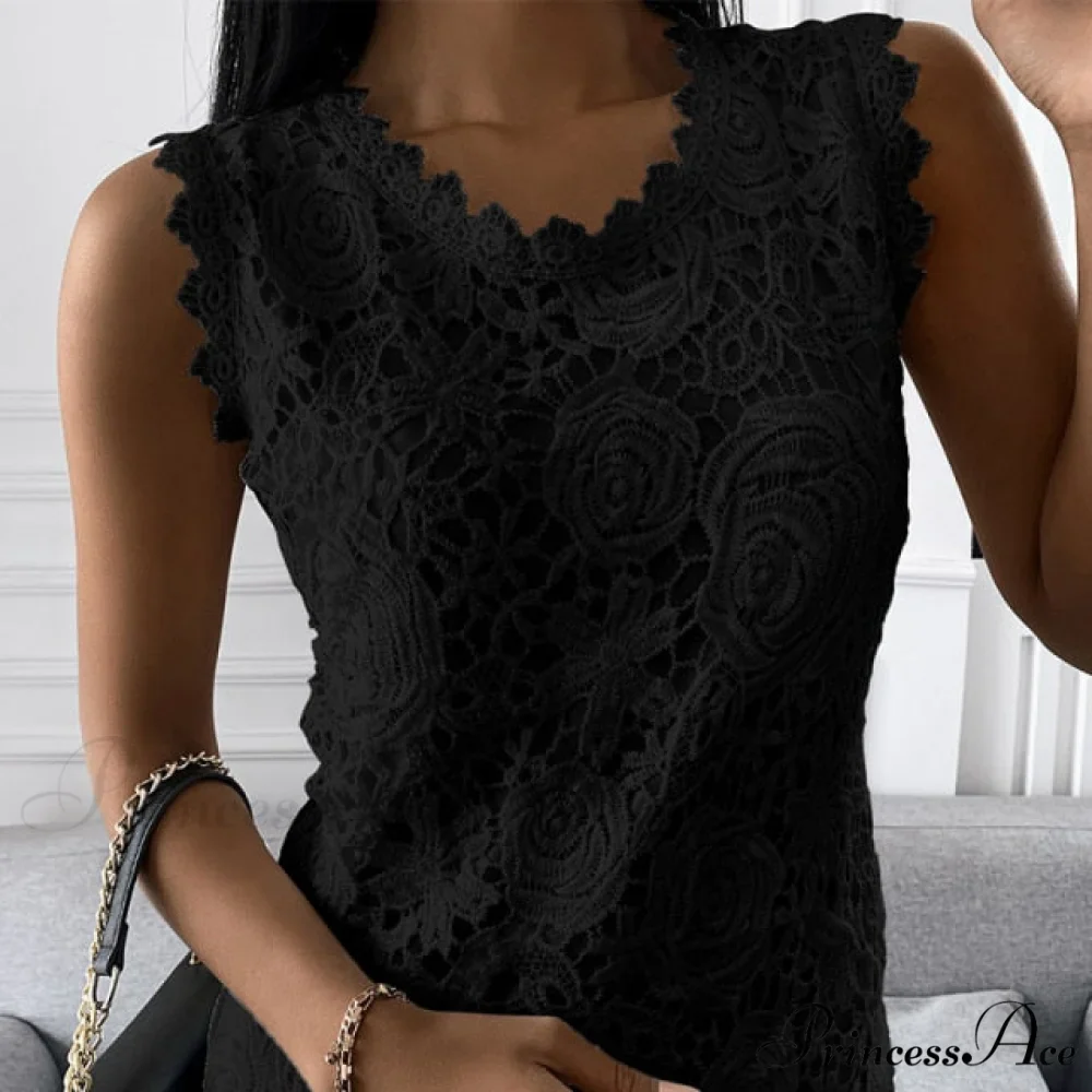 Lace Jacquard Sleeveless Casual vintage T-Shirt - Image 4