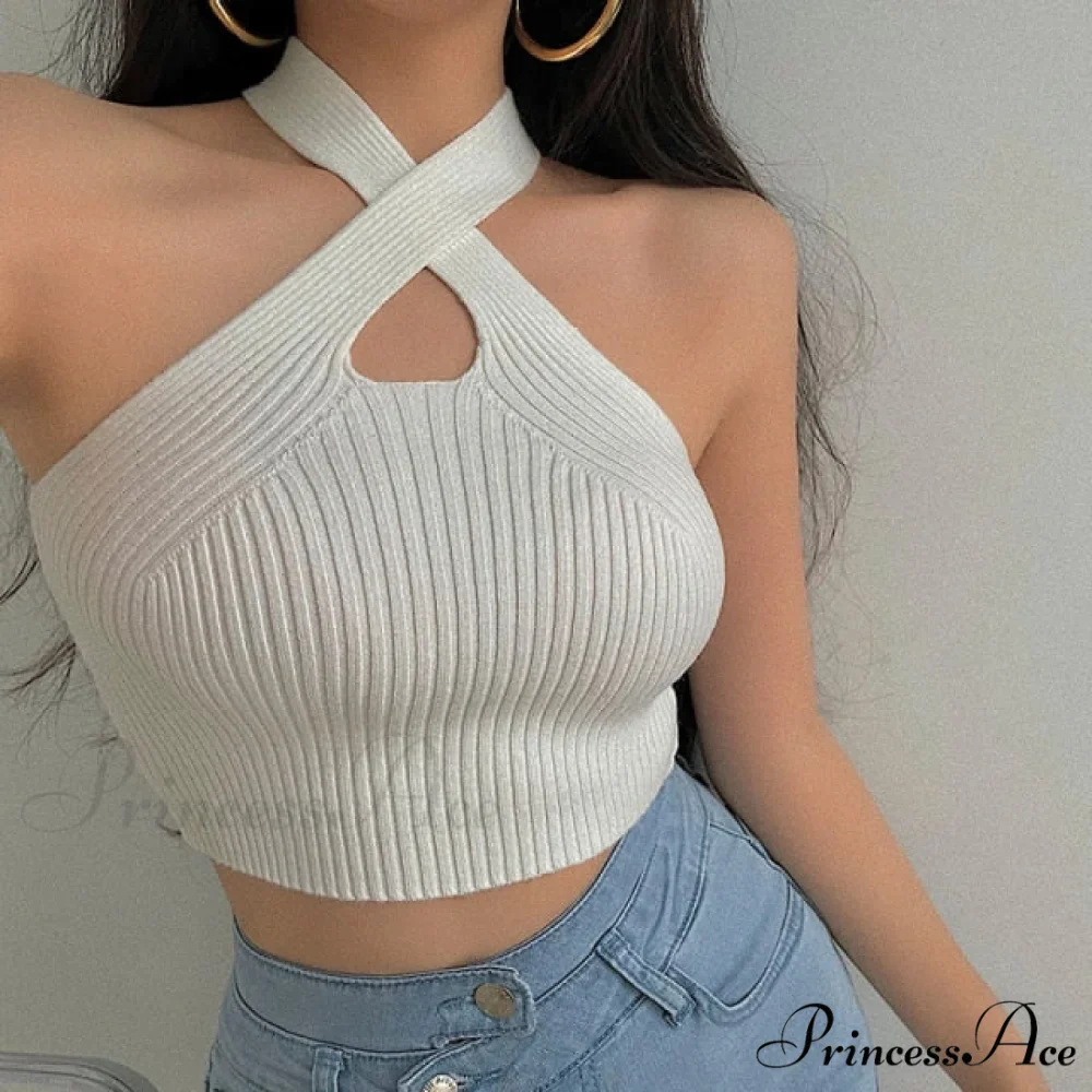 Knitted Off Shoulder Cross Strappy Sexy Tank Tops - Image 3