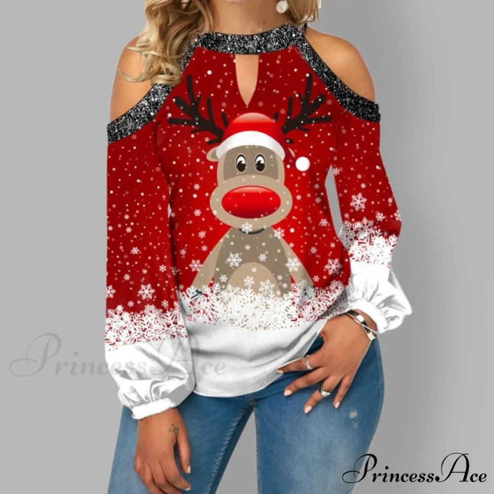 Christmas Casual Off Shoulder Printed Cute Top - Image 4