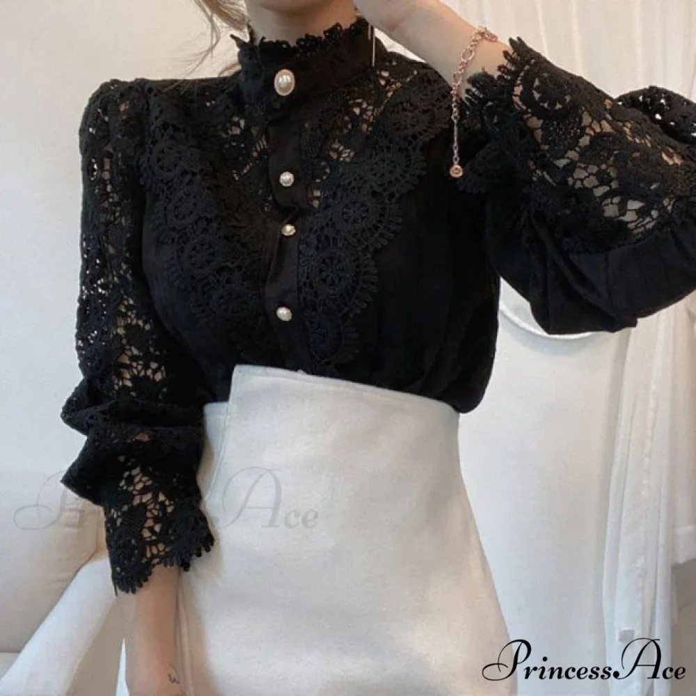 Long Sleeve Crew Neck Button Mesh Design Tops - Image 2