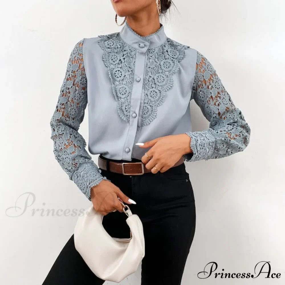 Long Sleeve Crew Neck Button Mesh Design Tops - Image 3