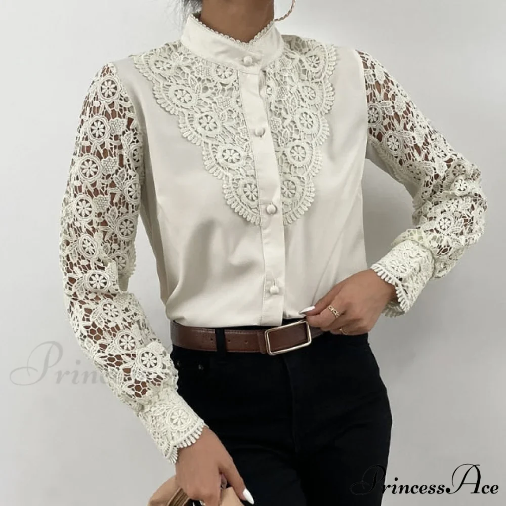 Long Sleeve Crew Neck Button Mesh Design Tops - Image 4