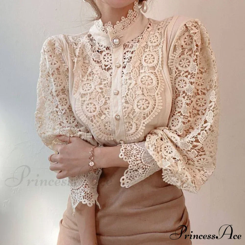 Long Sleeve Crew Neck Button Mesh Design Tops - Image 7