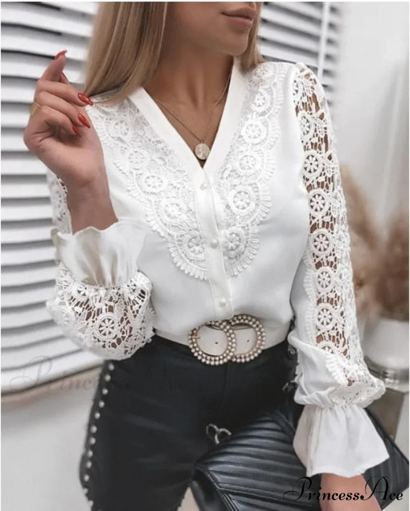 Long Sleeve Crew Neck Button Mesh Design Tops - Image 8